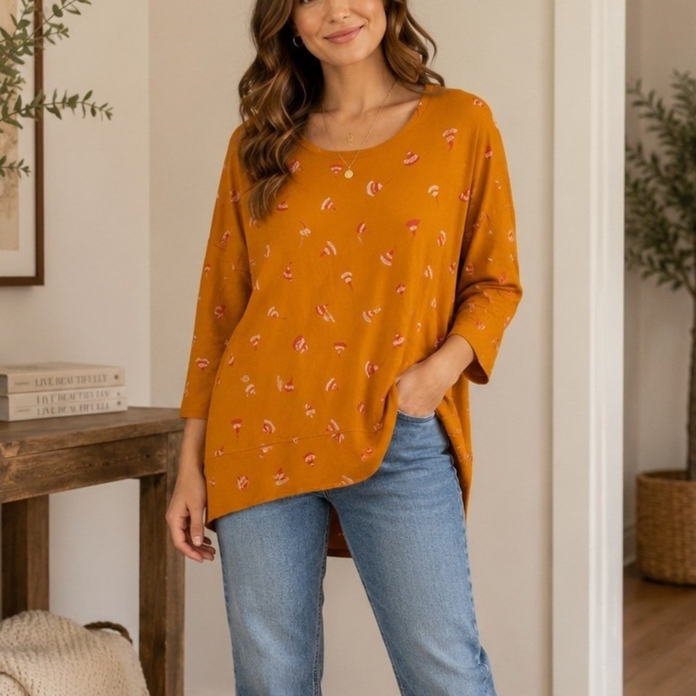 Gudrun Sjoden Micro Modal Fan Print 3/4 Sleeve Shirt Top Orange Women's Large
